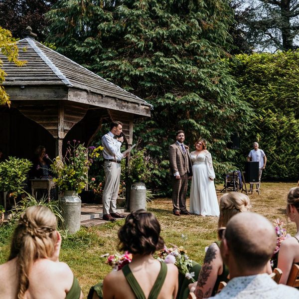Outside wedding, Ashridge Great Barn